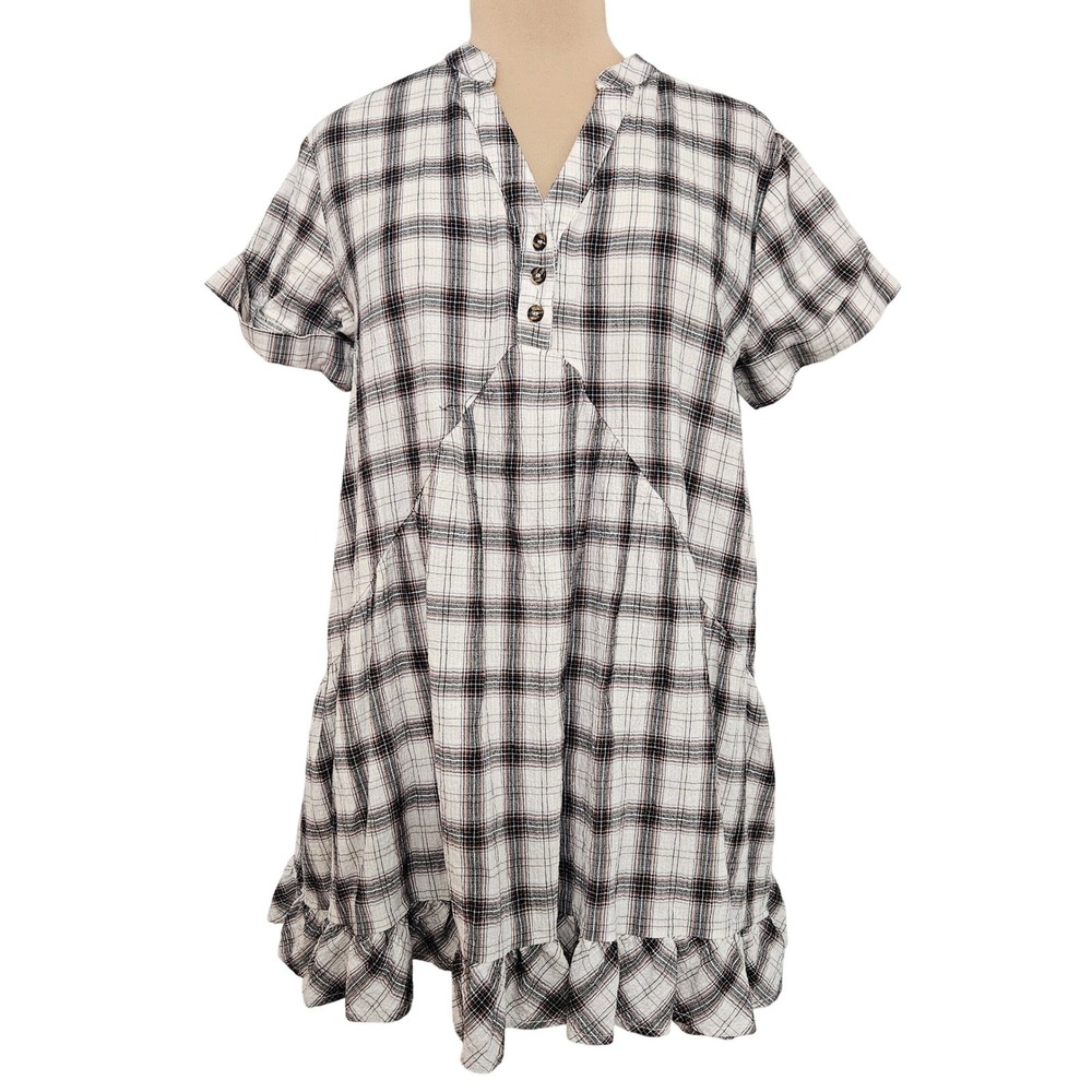 VICI Y2K Black White Plaid Tiered Ruffle‎ Babydoll Dress Small V-Neck Cotton
